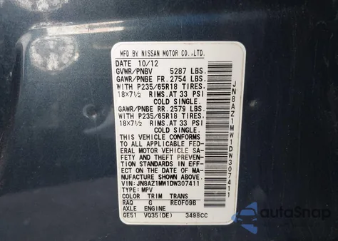 2013 Nissan Murano Sv z USA, uszkodzony, nr VIN JN8AZ1MW1DW307411